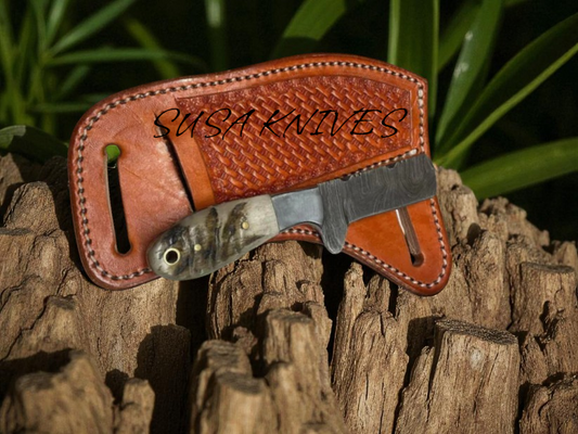 Custom Bull Cutter Knife for Sale - 7.5-Inch Full Tang Damascus Forged Steel Blade, Bone Handle, Leather Sheath susa knives