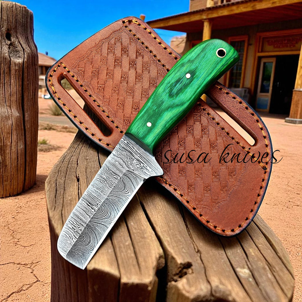 Damascus Bull cutter handmade cowboy knife, pancake leather sheath,