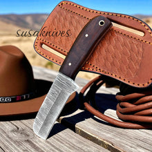 Load image into Gallery viewer, Damascus Bull cutter handmade cowboy knife, pancake leather sheath,&quot; &quot;fixed blade,
