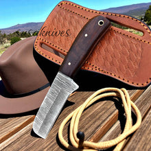 Load image into Gallery viewer, Damascus Bull cutter handmade cowboy knife, pancake leather sheath,&quot; &quot;fixed blade,
