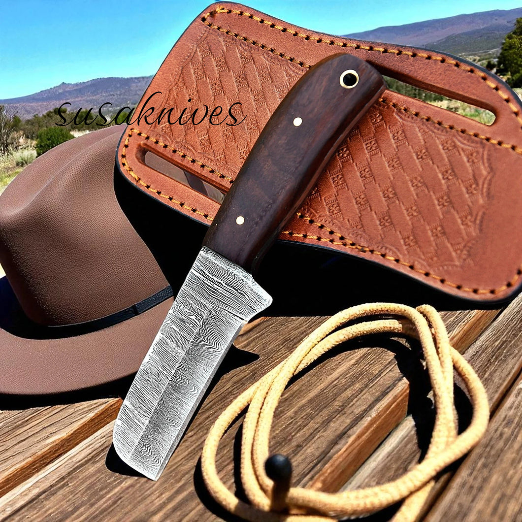 Damascus Bull cutter handmade cowboy knife, pancake leather sheath,