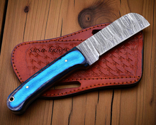 Load image into Gallery viewer, Damascus steel best Bull cutter handmade cowboy knife, pancake leather sheath,&quot; &quot;fixed blade, wood handle

