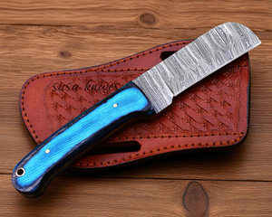 Damascus steel best Bull cutter handmade cowboy knife, pancake leather sheath," "fixed blade, wood handle