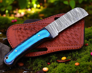Damascus steel best Bull cutter handmade cowboy knife, pancake leather sheath," "fixed blade, wood handle