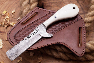 SUSA KNIVES Custom Handmade Damascus steel Bull cutter knife, cowboy knives with pancake leather sheath