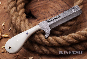 SUSA KNIVES Custom Handmade Damascus steel Bull cutter knife, cowboy knives with pancake leather sheath