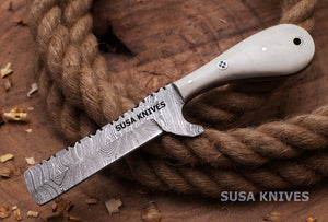 SUSA KNIVES Custom Handmade Damascus steel Bull cutter knife, cowboy knives with pancake leather sheath