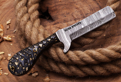 SUSA KNIVES Handmade Damascus Steel Bull Cutter Knife, Cowboy Fixed Blade knife, Wood Handle, EDC Knife PANCAKE Leather Sheath Gift For Men