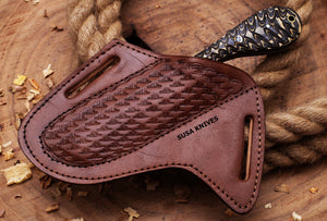 SUSA KNIVES Handmade Damascus Steel Bull Cutter Knife, Cowboy Fixed Blade knife, Wood Handle, EDC Knife PANCAKE Leather Sheath Gift For Men