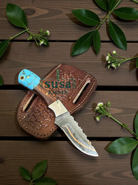 7'' COPPER DAMASCUS STEEL COWBOY KNIVES WITH PANCAKE LEATHER SHEATH