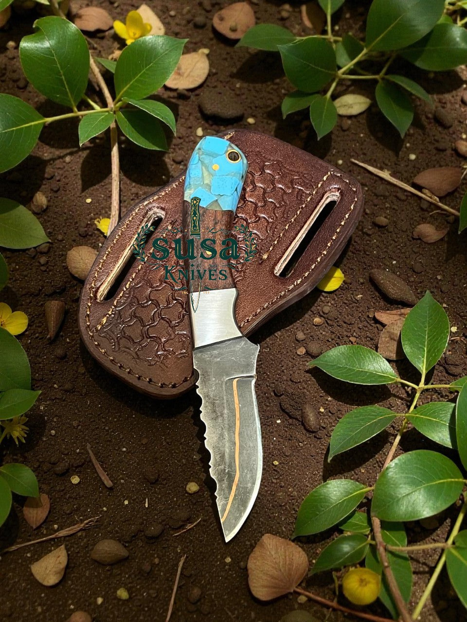 7'' COPPER DAMASCUS STEEL COWBOY KNIVES WITH PANCAKE LEATHER SHEATH