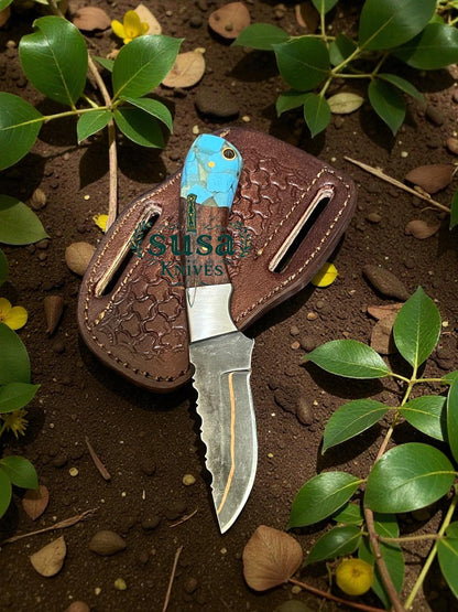 7'' COPPER DAMASCUS STEEL COWBOY KNIVES WITH PANCAKE LEATHER SHEATH