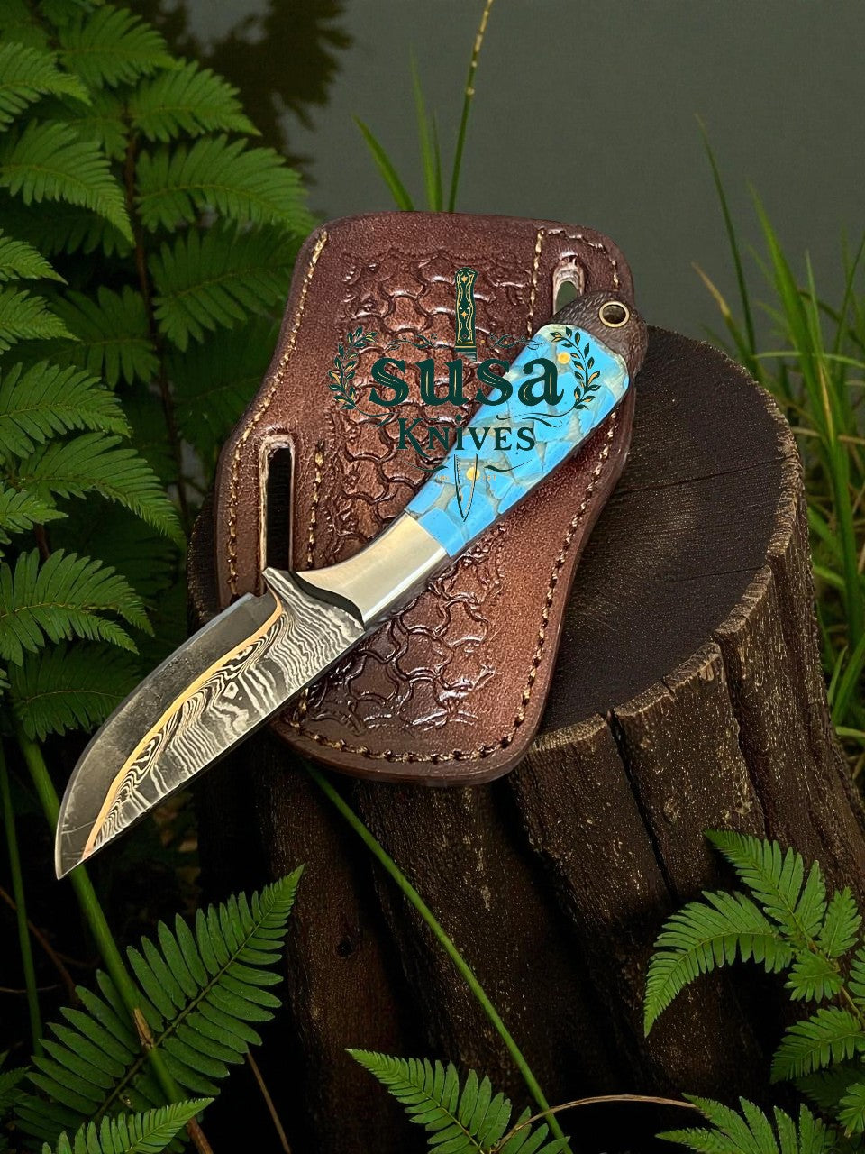 SUSA KNIVES Handmade 7'' Copper Damascus Steel Cowboy EDC Knife With Pan Cake Leather Case