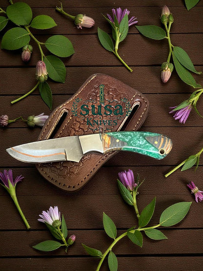 SUSA KNIVES Handmade 7'' Copper Damascus Steel Cowboy EDC Knife With Pan Cake Leather Case Best GIFT