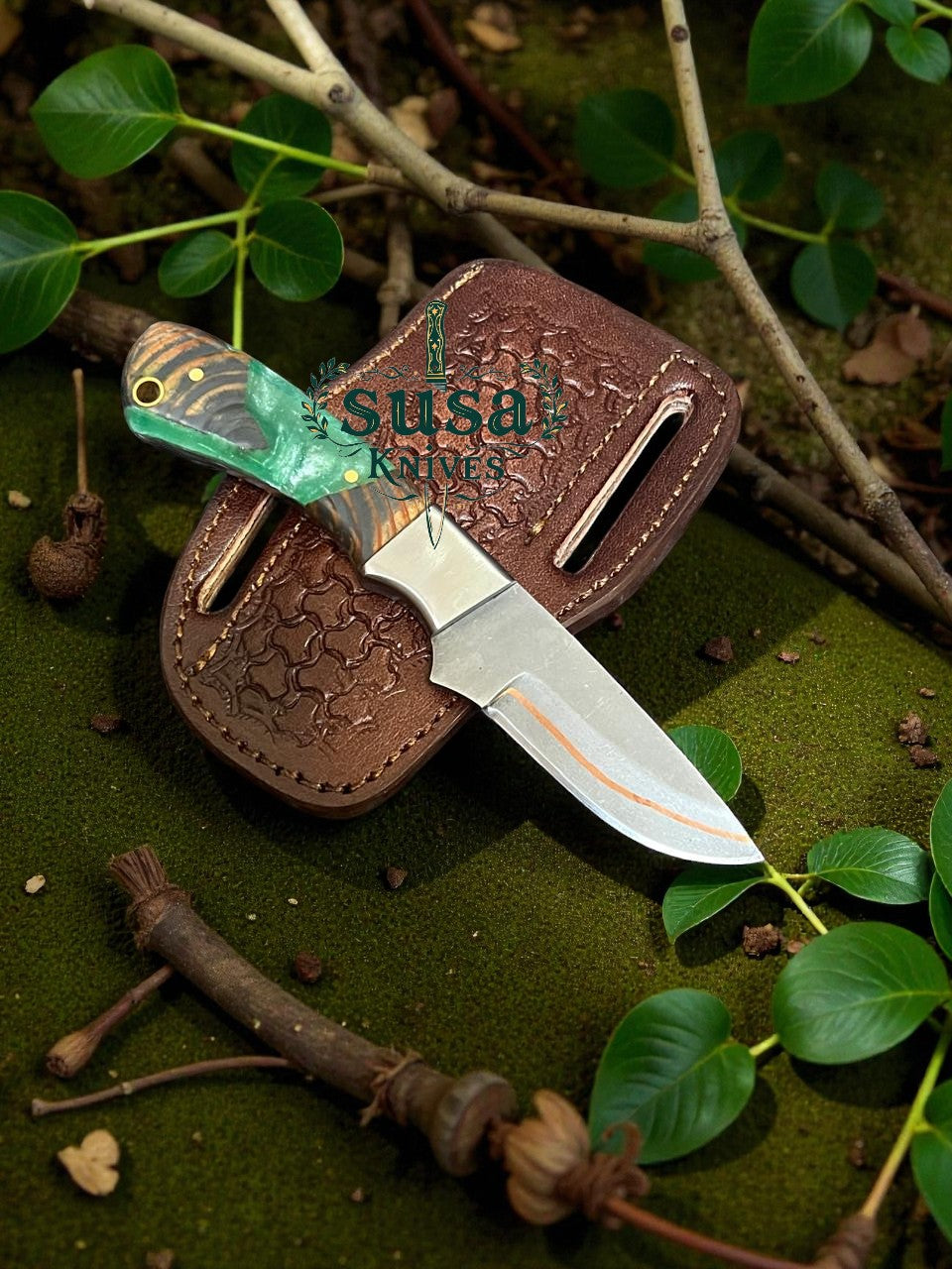 SUSA KNIVES Handmade 7'' Copper Damascus Steel Cowboy EDC Knife With Pan Cake Leather Case Best GIFT