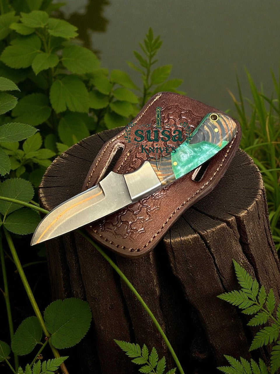 SUSA KNIVES Handmade 7'' Copper Damascus Steel Cowboy EDC Knife With Pan Cake Leather Case Best GIFT