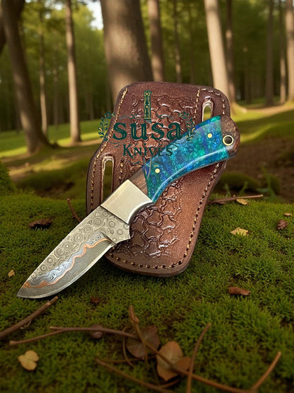 SUSA KNIVES 7'' COPPER DAMASCUS STEEL EDC COWBOY WITH PANCAKE LEATHER SHEATH