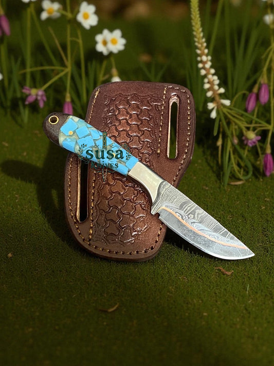 SUSA KNIVES Handmade 7'' Copper Damascus Steel Cowboy EDC Knife With Pan Cake Leather Case