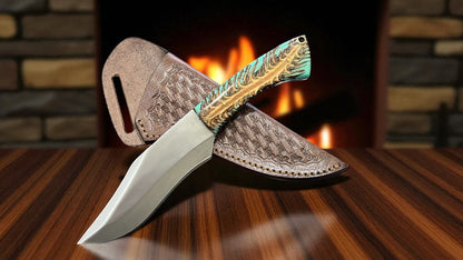 D2 Steel Hunting knives with Green pinecone handle Cross Draw Leather Sheath