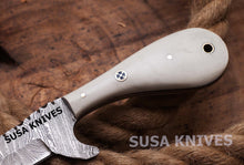 Load image into Gallery viewer, SUSA KNIVES Custom Handmade Damascus steel Bull cutter knife, cowboy knives with pancake leather sheath
