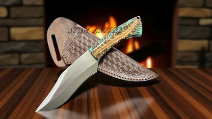 9" Hunting Knife with Pinecone Handle & Leather Sheath – Handmade Fixed Blade Outdoor Knife