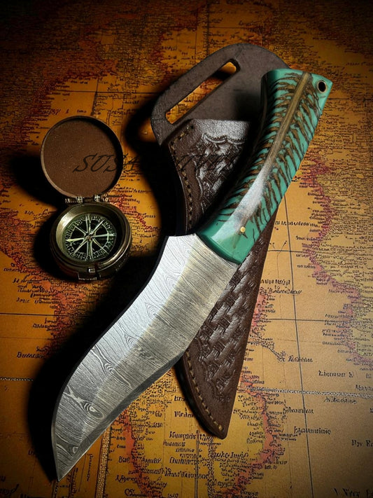 9" Hunting Knife with Pinecone Handle & Leather Sheath – Handmade Fixed Blade Outdoor Knife
