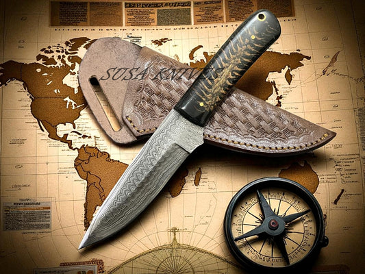 Damascus Steel Cowboy Knife with Pinecone Handle & Leather Sheath