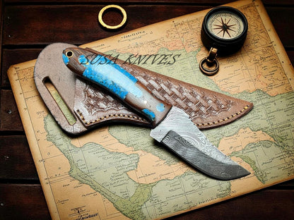 8" Damascus Steel Hunting Knife – Handmade EDC Fixed Blade with Genuine Leather Sheath