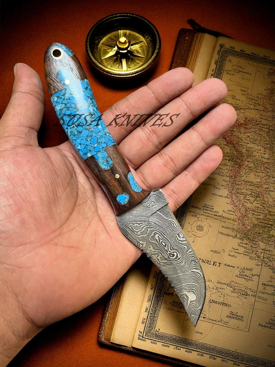 8" Damascus Steel Hunting Knife – Handmade EDC Fixed Blade with Genuine Leather Sheath