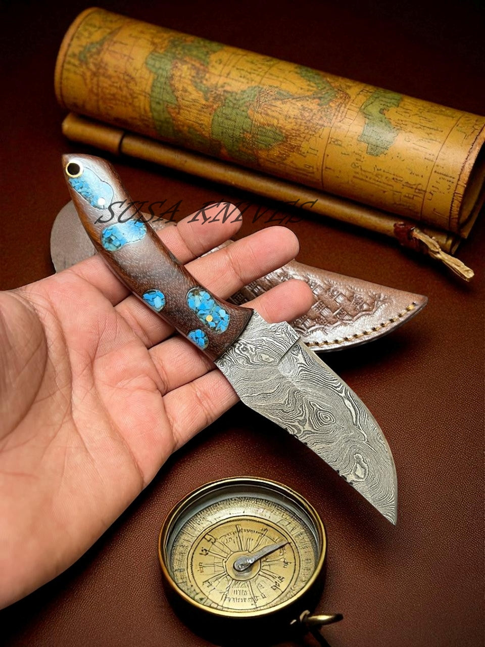 8" Damascus Steel Hunting Knife – Handmade EDC Fixed Blade with Genuine Leather Sheath