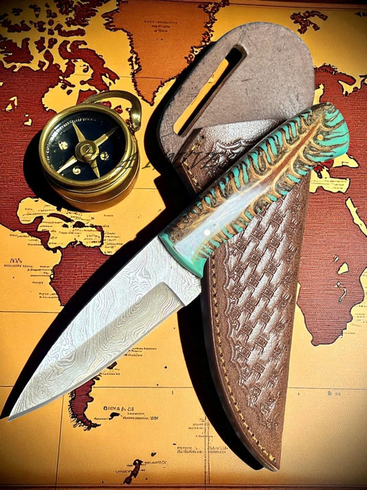 Handmade Damascus Steel Cowboy Knife with Leather Sheath – Western Style Fixed Blade Hunting Knife