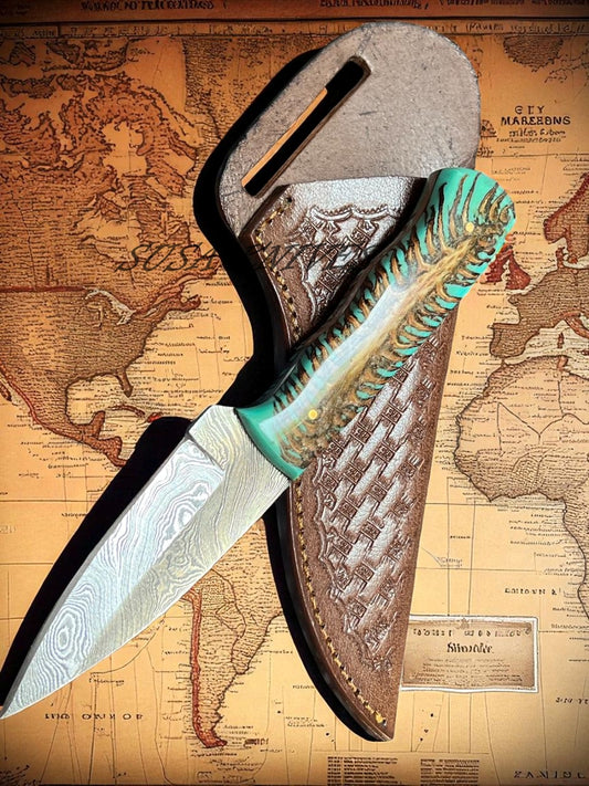 Handmade Damascus Steel Cowboy Knife with Leather Sheath – Western Style Fixed Blade Hunting Knife