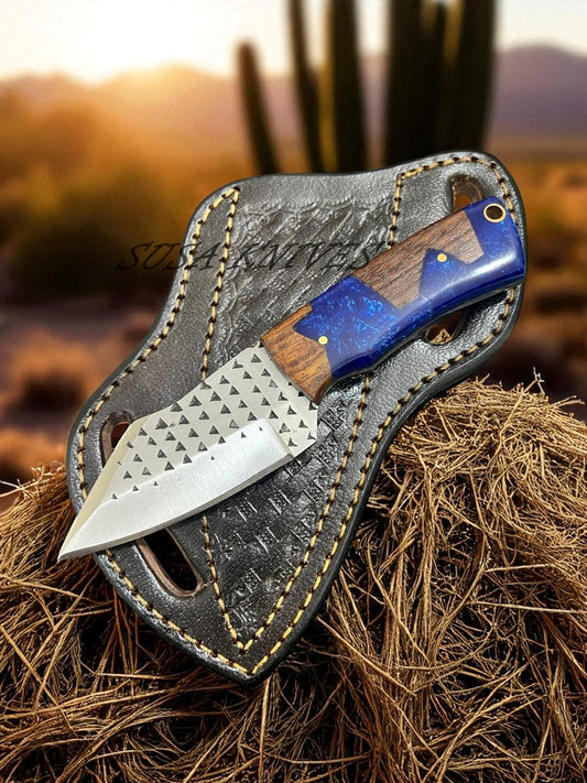 Handmade Rasp Steel Cowboy Knife with Resin Handle & Pancake Leather Sheath – Western Style Fixed Blade Knife