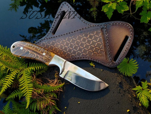 Handmade Bull Cutter Knife with Pancake Leather Sheath – Heavy Duty Fixed Blade Hunting & Skinning Knife