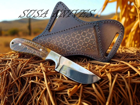 Handmade Bull Cutter Knife with Pancake Leather Sheath – Heavy Duty Fixed Blade Hunting & Skinning Knife