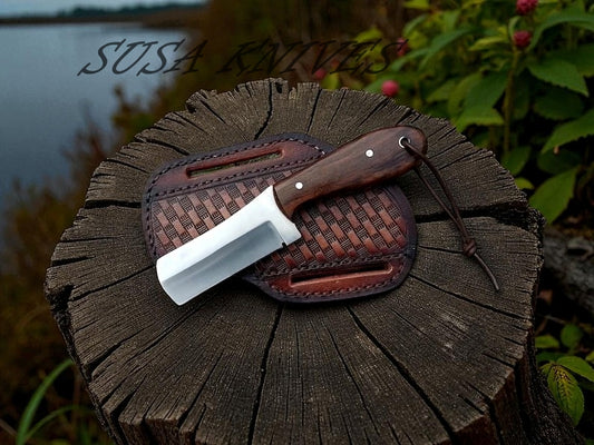 Cowboy Bull Cutter Knife with Pancake Leather Sheath – Handmade Fixed Blade Hunting & Butcher Knife
