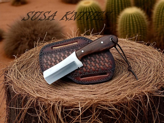 Cowboy Bull Cutter Knife with Pancake Leather Sheath – Handmade Fixed Blade Hunting & Butcher Knife