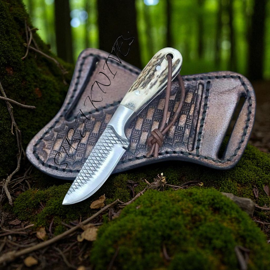 Handmade Fixed Blade Pointed Cowboy Skinner/Hunting Knife with Leather Sheath, Farrier Rasp Steel Razor Sharp Blade and Stag Handle for Hunting