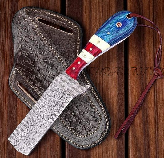 8" Handmade Damascus Bull Cutter Knife with Leather Sheath - Western Cowboy knife for Hunting, Skinning, Camping, and outdoor activities- Full Tang EDC knife with sheath