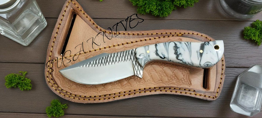 Handmade Fixed Blade Pointed Cowboy Skinner/Hunting Knife with Leather Sheath, Farrier Rasp Steel Razor Sharp Blade and Bone Handle for Hunting, Bushcrafting, Camping and Hiking