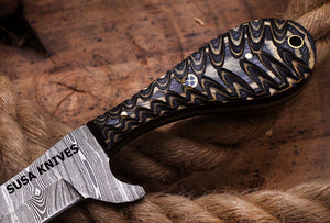 SUSA KNIVES Handmade Damascus Steel Bull Cutter Knife, Cowboy Fixed Blade knife, Wood Handle, EDC Knife PANCAKE Leather Sheath Gift For Men