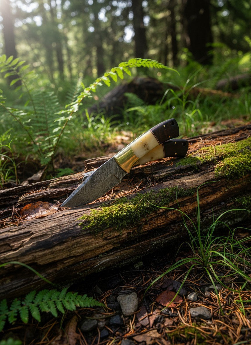 SUSA KNIVES handmade damascus steel skinner knife set with bone and wood handles resting on a mossy forest log