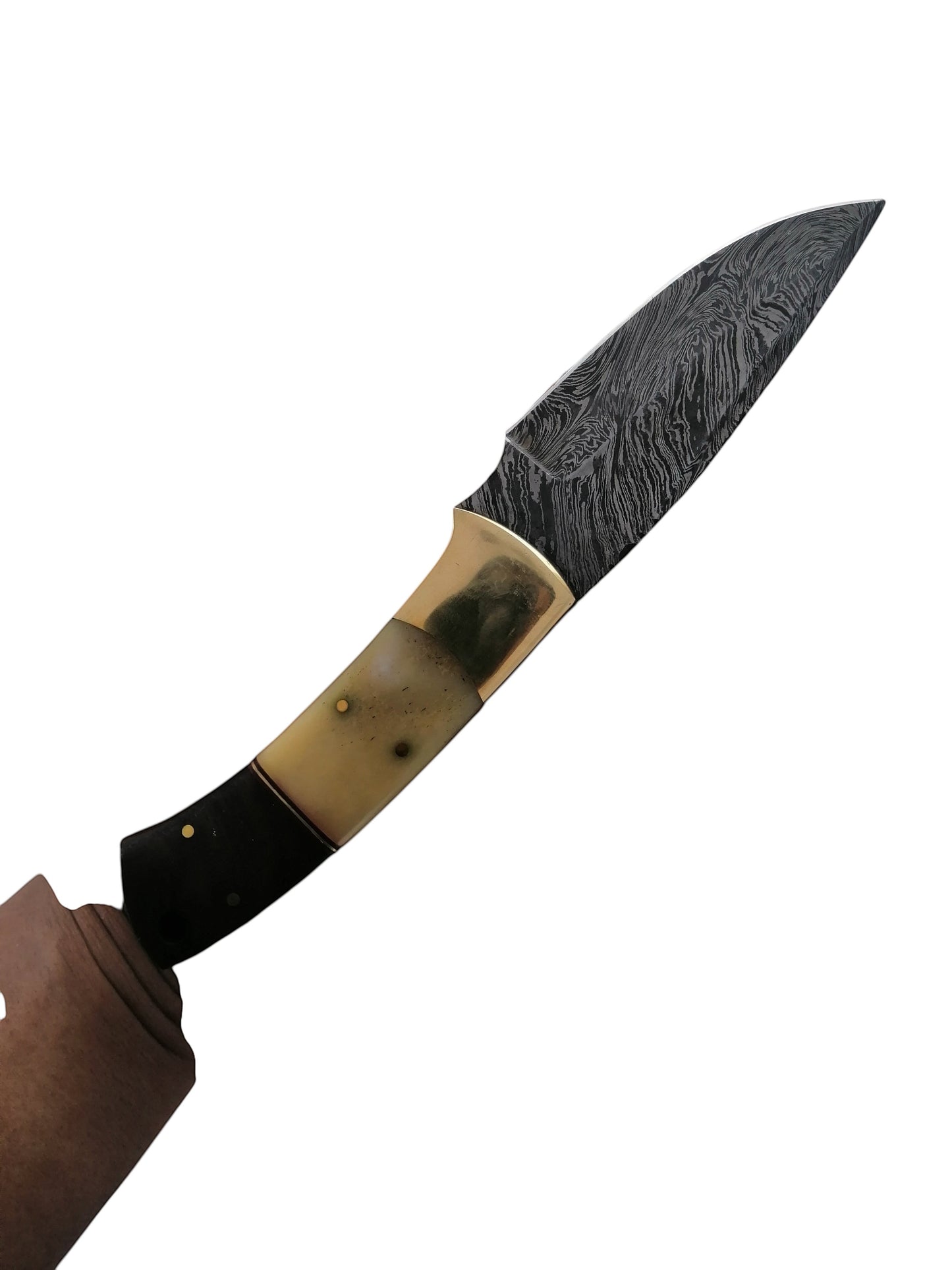 SUSA KNIVES 8-inch handmade damascus steel skinner knife with a brass bolster and two-tone bone and wood handle.