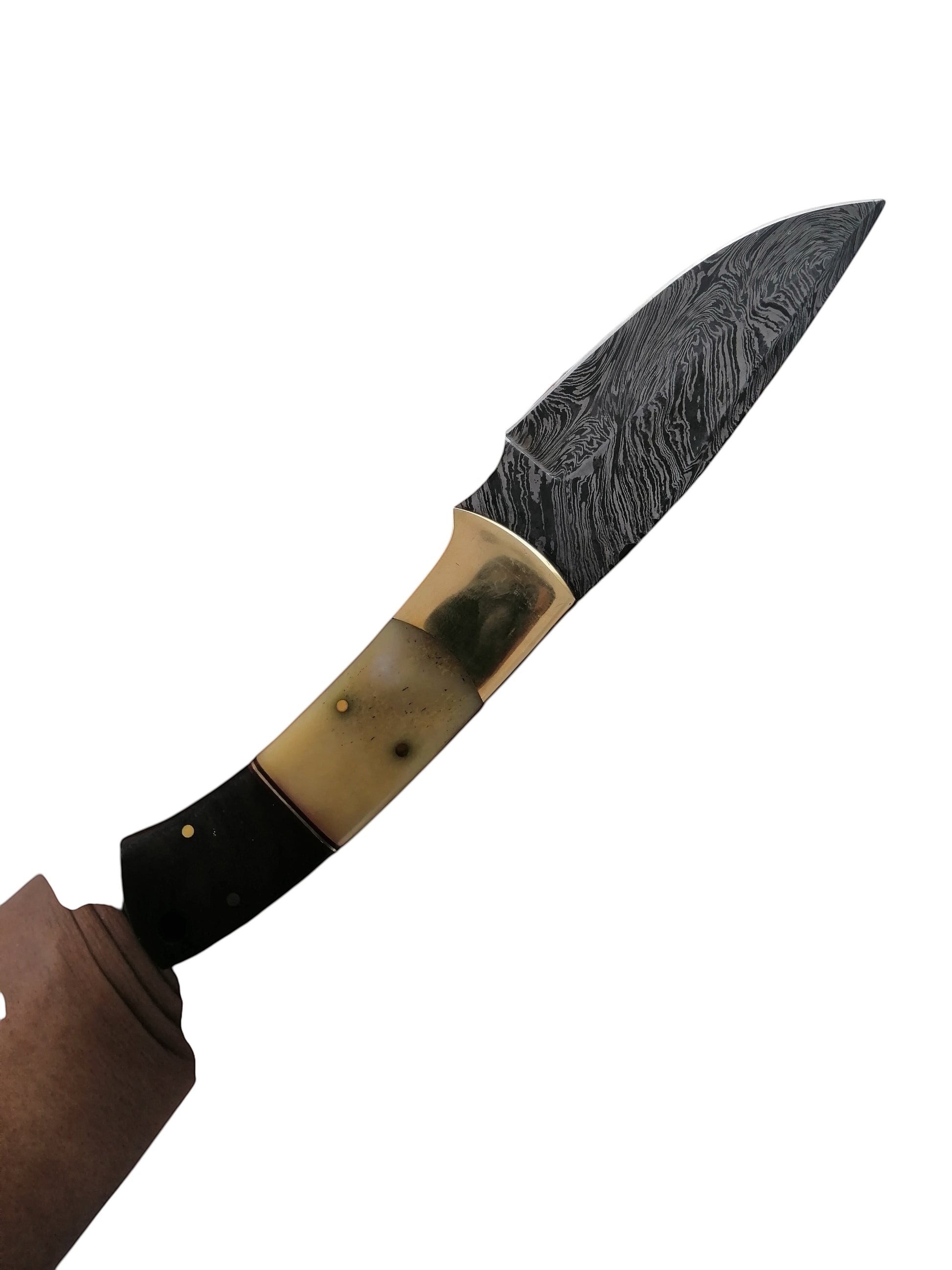 SUSA KNIVES 8-inch handmade damascus steel skinner knife with a brass bolster and two-tone bone and wood handle.