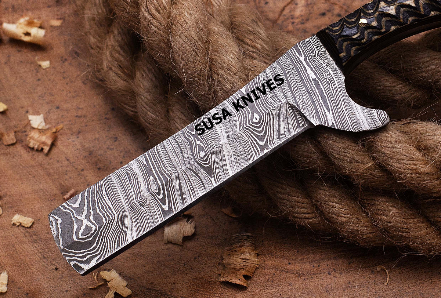 SUSA KNIVES Handmade Damascus Steel Bull Cutter Knife, Cowboy Fixed Blade knife, Wood Handle, EDC Knife PANCAKE Leather Sheath Gift For Men