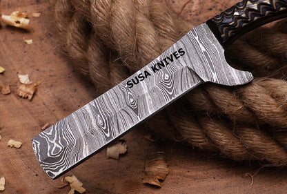 SUSA KNIVES Handmade Damascus Steel Bull Cutter Knife, Cowboy Fixed Blade knife, Wood Handle, EDC Knife PANCAKE Leather Sheath Gift For Men
