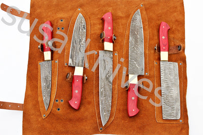 Custom Made Damascus Steel Kitchen Knives Set / Chef’s Knife 5-Pcs Set - SUSA KNIVES