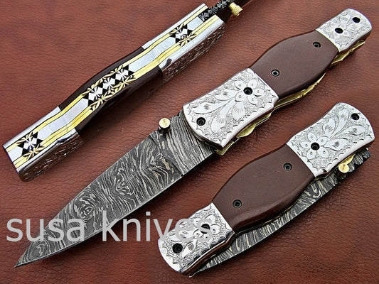 Beautiful Newly Design Custom Hand Made Damascus Steel Hunting Pocket Knife - SUSA KNIVES