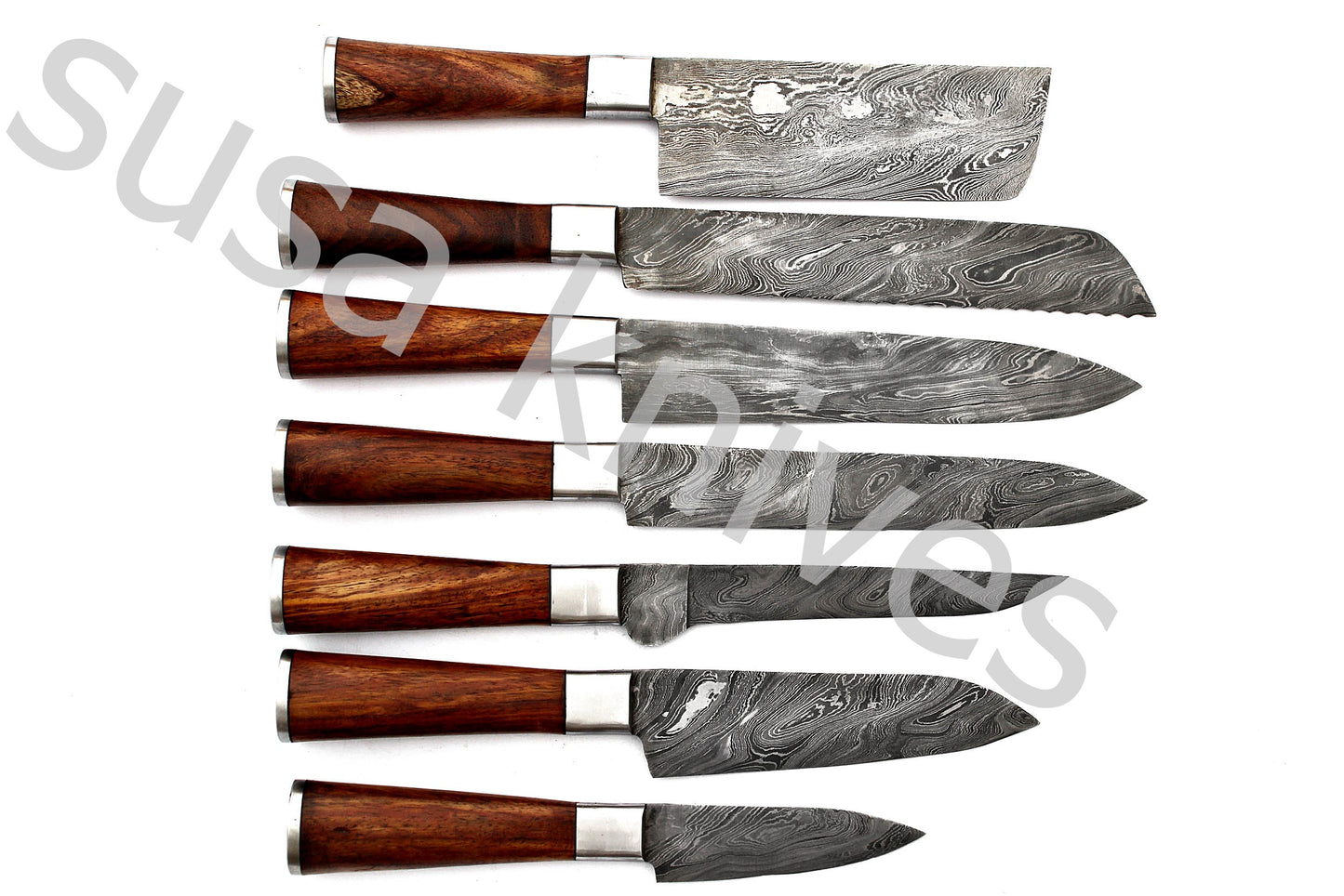 Custom Made Damascus Steel Kitchen Knives Set / Chef’s Knife 7-Pcs - SUSA KNIVES