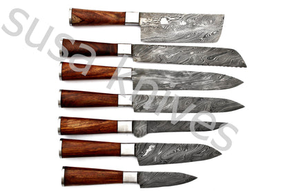 Custom Made Damascus Steel Kitchen Knives Set / Chef’s Knife 7-Pcs - SUSA KNIVES